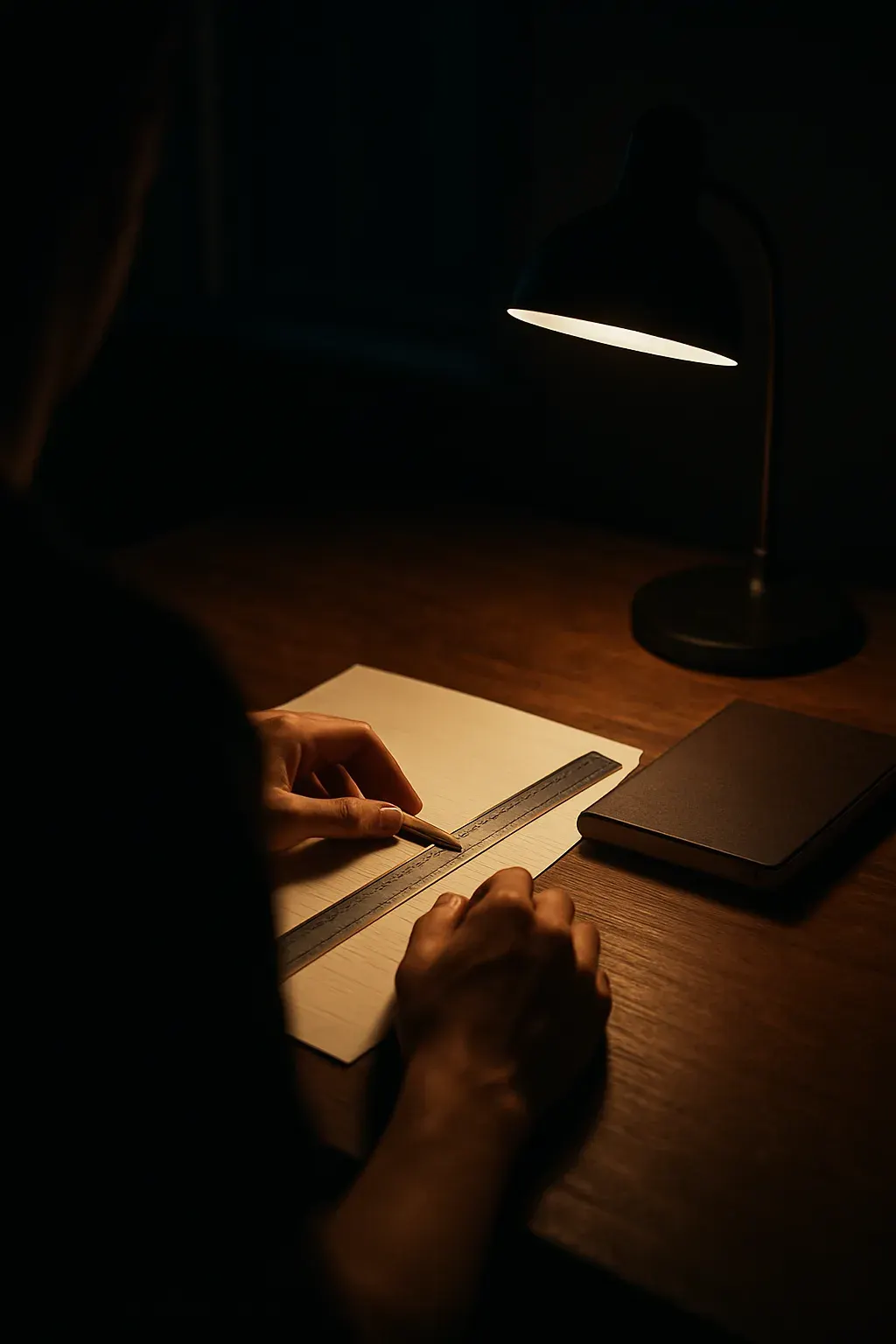 A silhouetted figure works at a desk in low light, seen from behind with no face visible, hands resting near a steel ruler and a sheet of ruled paper under a warm desk lamp.