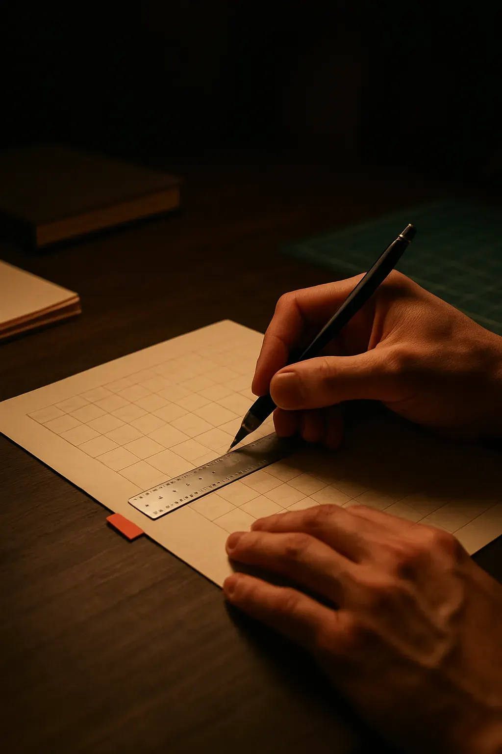 Close-up of two hands using a steel ruler to draw a precise grid of pencil lines on a sheet of layout paper, lit by a warm desk lamp at night.