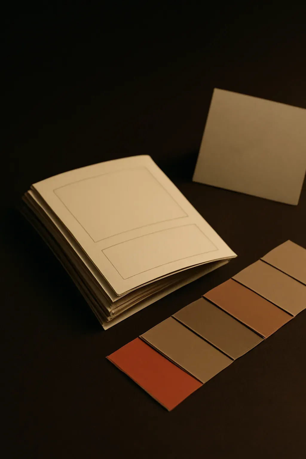 Close-up photograph of a small stack of fanned printed guide pages beside a row of blank colour swatch chips on a studio desk.