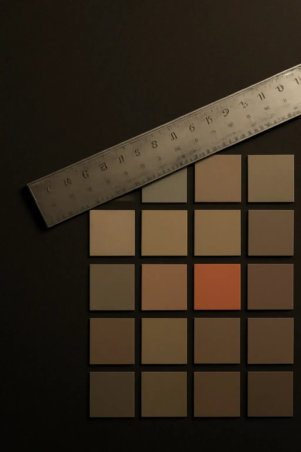 Overhead photograph of a precise grid of small colour and spacing swatches on a studio desk, with a steel ruler resting across them mid-measurement.