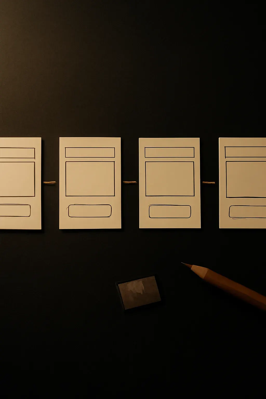 Overhead photograph of a sequence of small paper cards, each ruled with a blank screen wireframe, connected by pencil arrows to show a user flow.