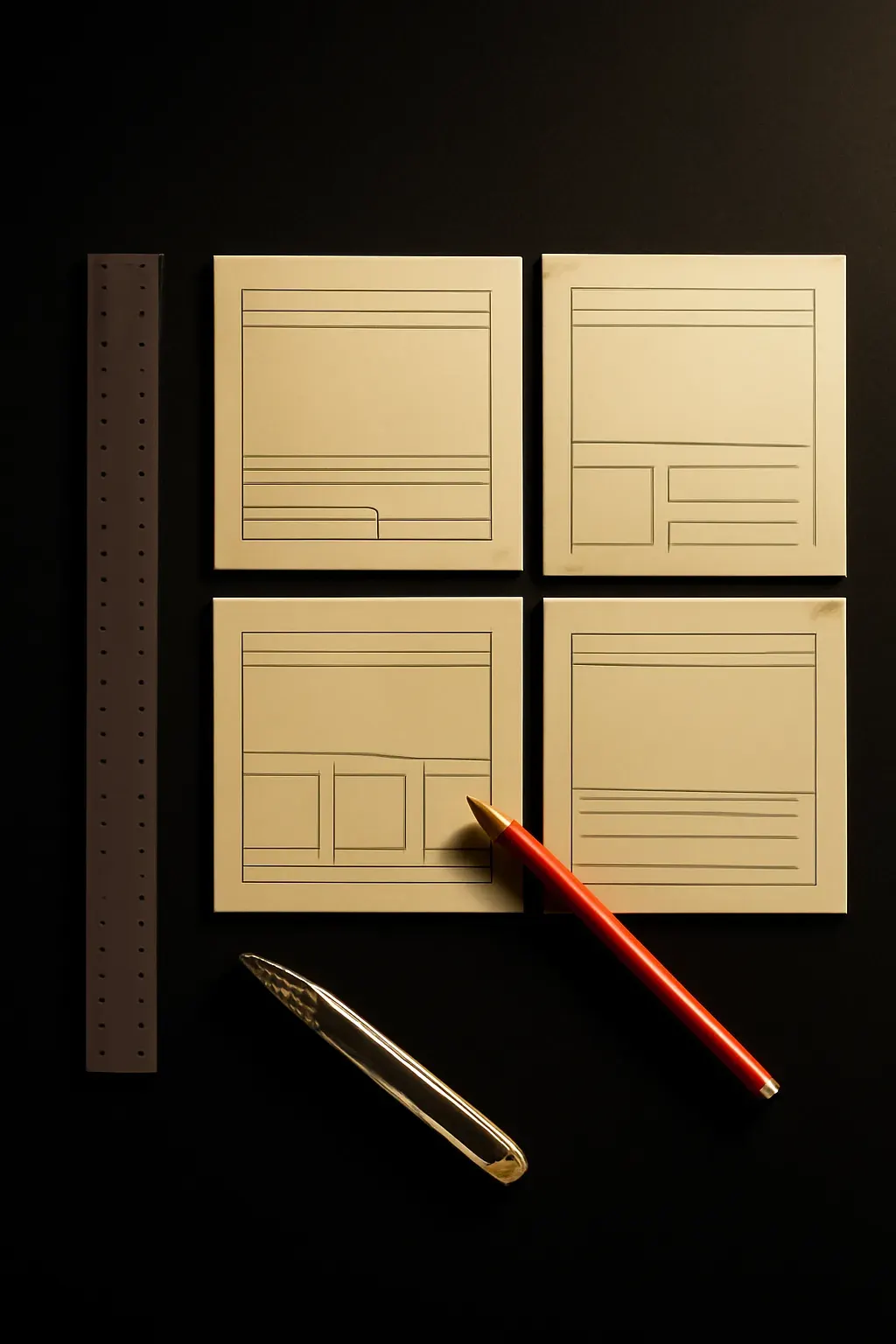 Overhead photograph of several sheets of layout paper, each ruled with a blank webpage wireframe, arranged in a grid and connected by pencil lines, with a steel ruler and pencil beside them.