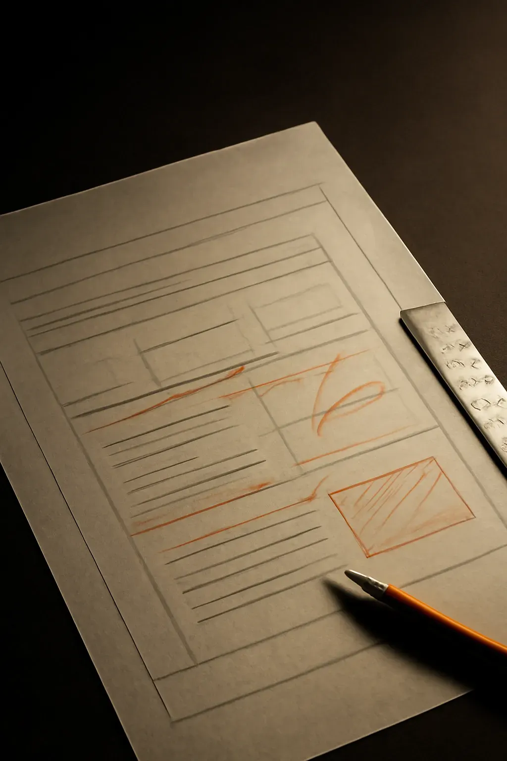 Photograph of translucent tracing paper laid over an existing ruled layout sheet, marked with orange pencil revisions, with a steel ruler along one edge.