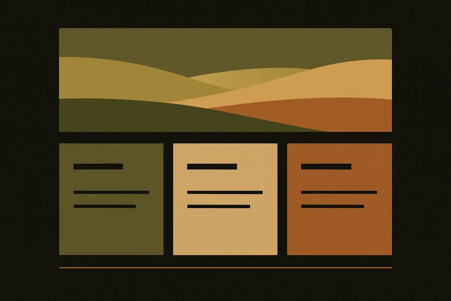 Abstract concept layout for the Fieldstone Landscape Co. project: a flat vector homepage mockup with a horizon-shaped hero block and three even content sections, in moss-green and stone tones.