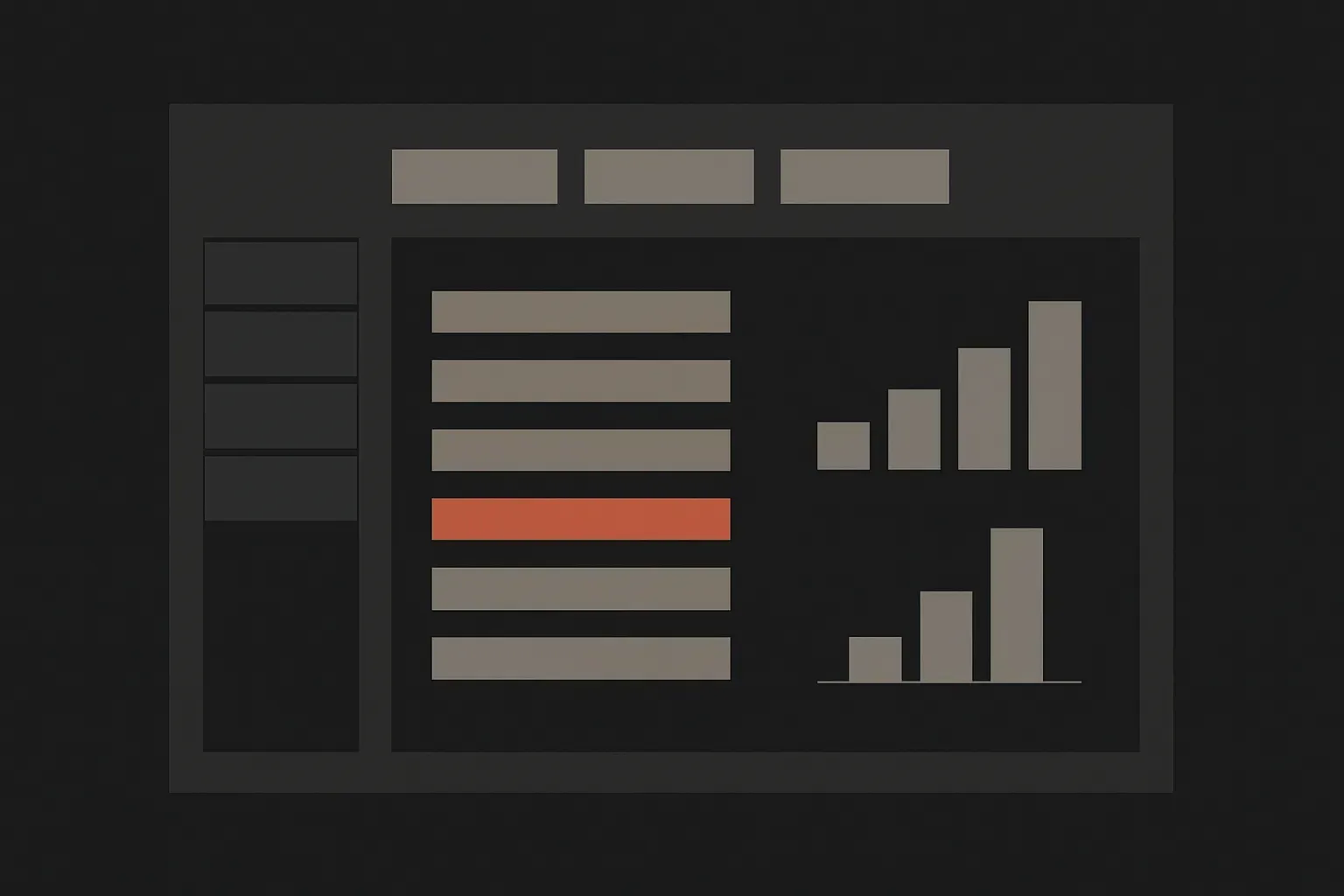Abstract concept layout for the Tallybird project: a flat vector dashboard mockup with a left navigation column, top stat blocks, and rows of data bars, in warm charcoal and taupe-grey tones.
