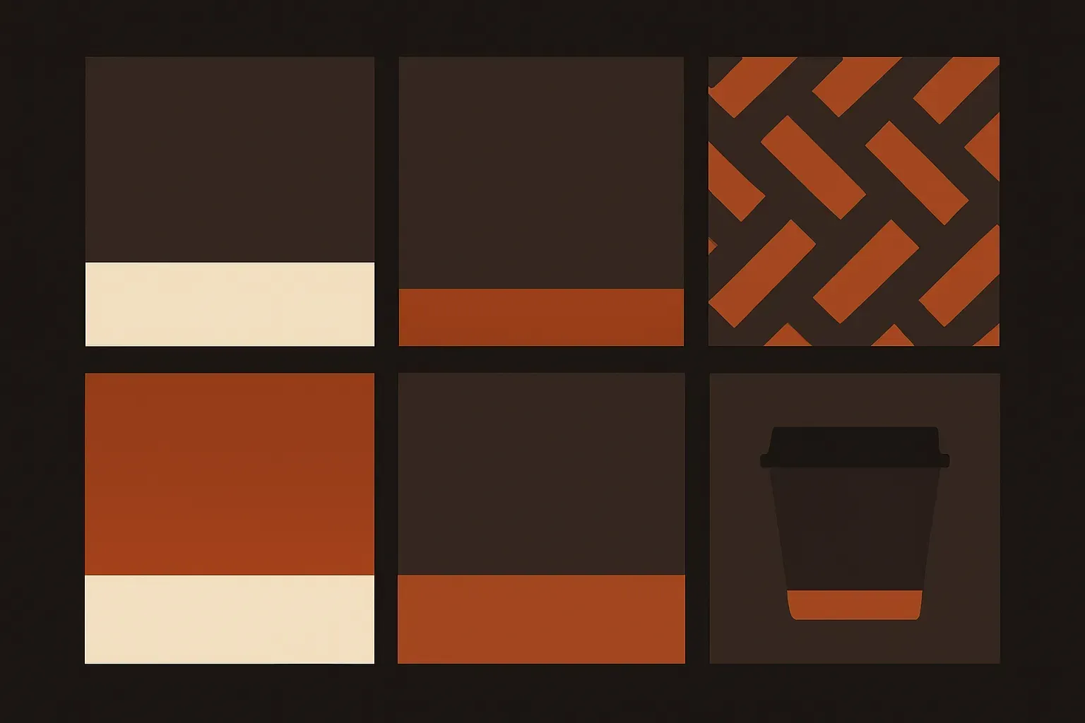 Abstract concept layout for the Wren & Oat Coffee Roasters project: a flat vector identity-system grid of packaging, cup-sleeve, and point-of-sale swatch blocks, in coffee-brown and rust tones.
