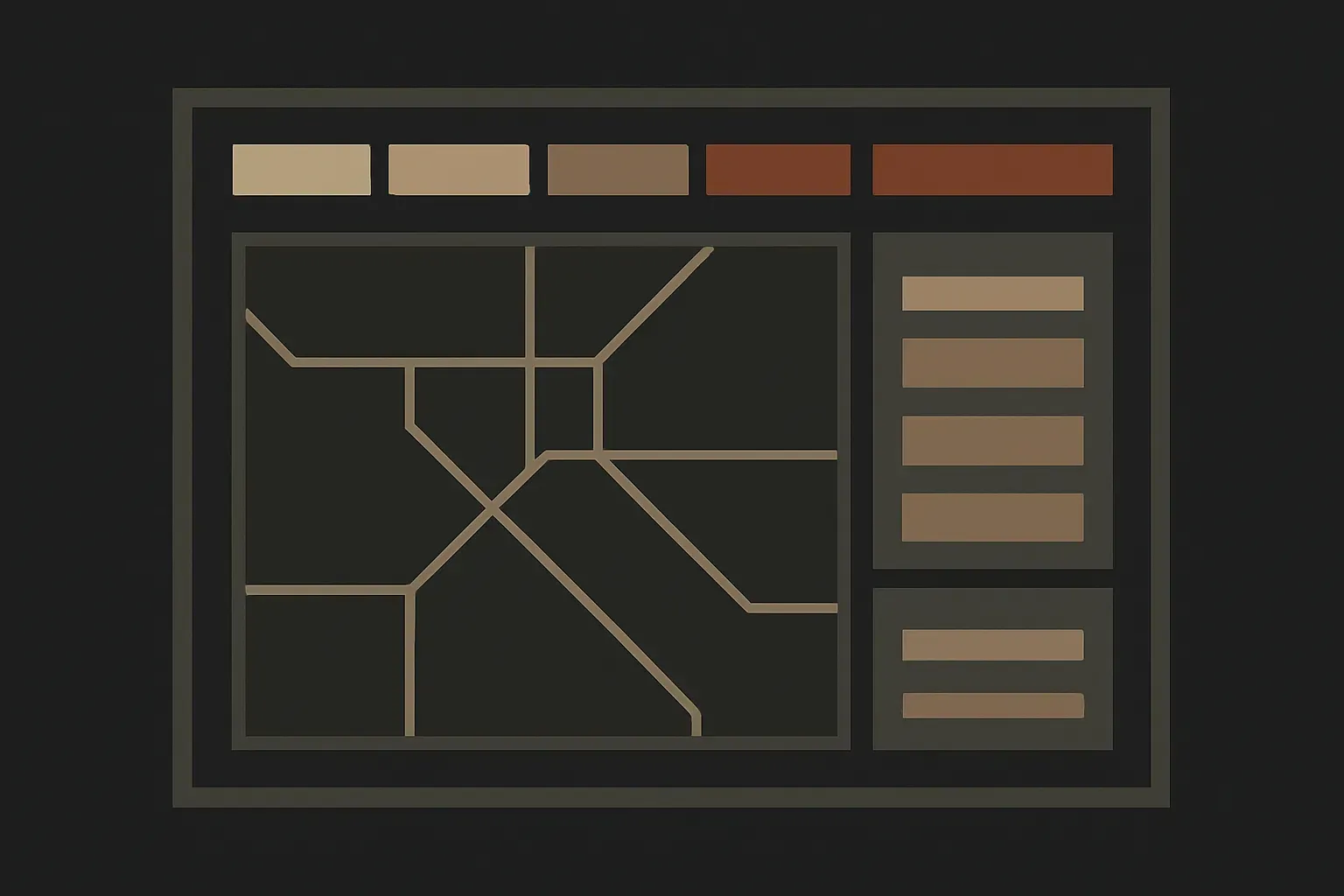Abstract concept layout for the Northline Freight project: a flat vector logistics-dashboard mockup with angled route-line shapes, stacked data blocks, and status chips, in warm charcoal, warm grey and rust-brown tones.