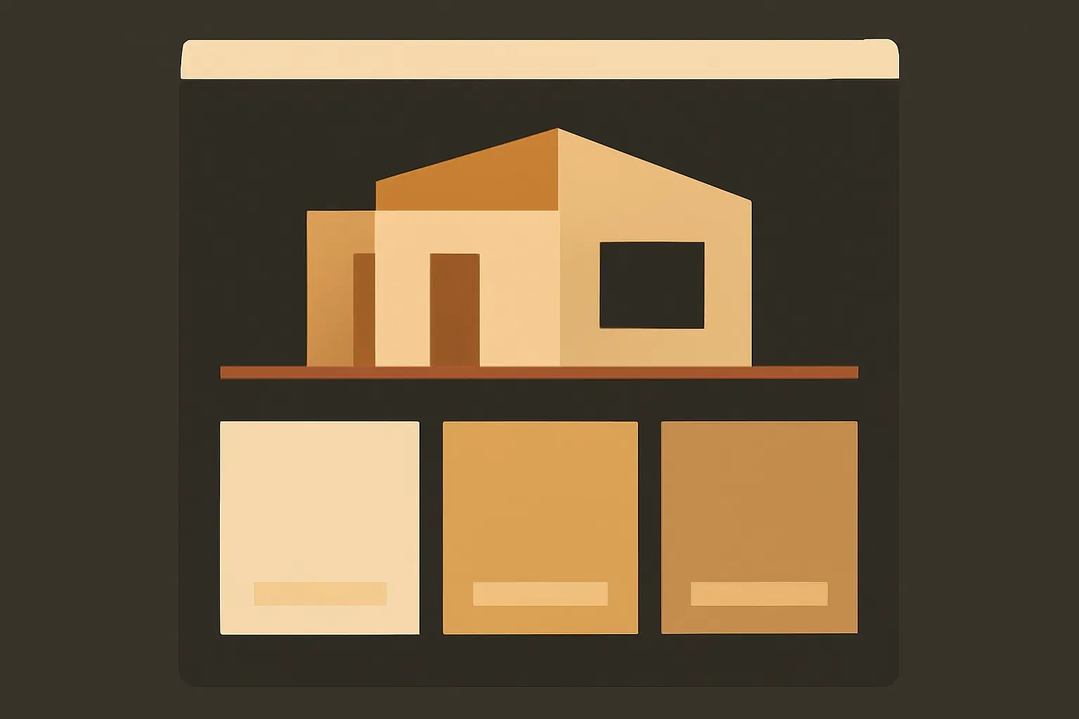 Abstract concept layout for the Marsh & Co. Realty project: a flat vector homepage mockup with an architectural facade hero and a grid of four property-card blocks, in warm stone and brass tones.